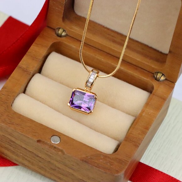 "Elegant Purple Emerald Cut Pendant with Gold Plated Baguette Bail, XPPT1779 - Picture 5 of 13